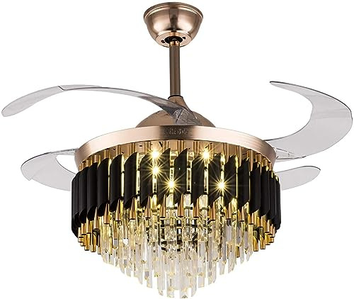 Pendant Lights, Hanging Lamp, 42 Crystal Silent Fandelier Ceiling Fan with Light Remote Control Invisible Fandelier 3 Light Color Change Chandlier for Living Room Bedroom Gold Metal Finish