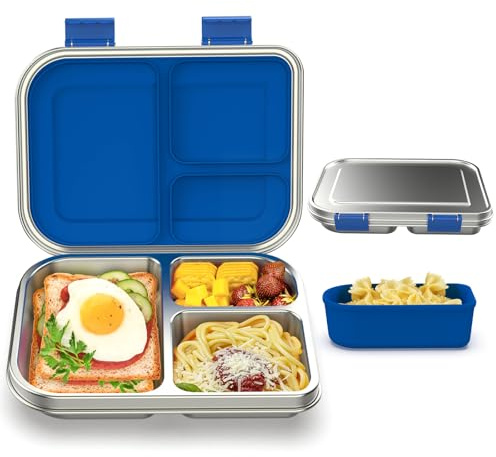 Edelstahl Brotdose Lunchbox Kinder, Metal Bento Lunch Box Auslaufsicher,3 Fächern mit Silikonbehälter, Spülmaschinenfest, Kinderfreundliches Design für Schule, Picknick und Reisen,BPA frei (Blau)