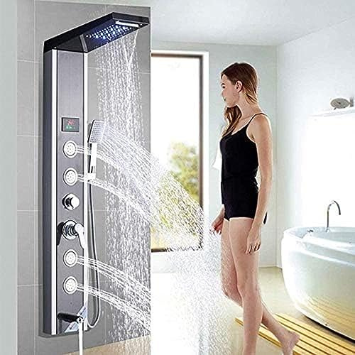 LED Shower Panel Tower System with Waterfall Rainfall and Handheld Shower Massage Jets for Luxurious Bathroom Experience