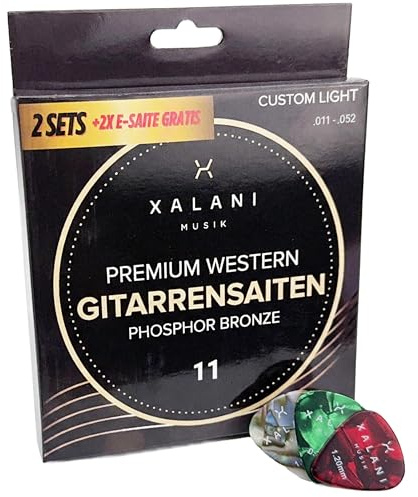 XALANI Corde per chitarra western 011 - Confezione da 2 | Bonus: 2 corde elettriche alte e 6 plettri