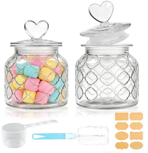 Mssushi 2 Stk Glas Candy Bonbongläser Herzförmiges mit Deckel | 650ml, Gitterdesign, Vorratsgläser Glas, Luftdicht, mit Deckel, Messlöffel, für Candy, Kekse, Süßigkeiten, Küche
