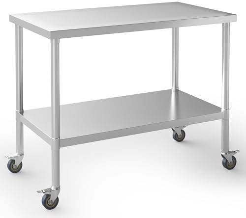 BPT Küche Edelstahl Arbeitstisch,Höhenverstellbare Edelstahltisch mit Rollen,Gesamtlast 250kg,Speisezubereitungstisch für Restaurant Küch(90x60x85cm)