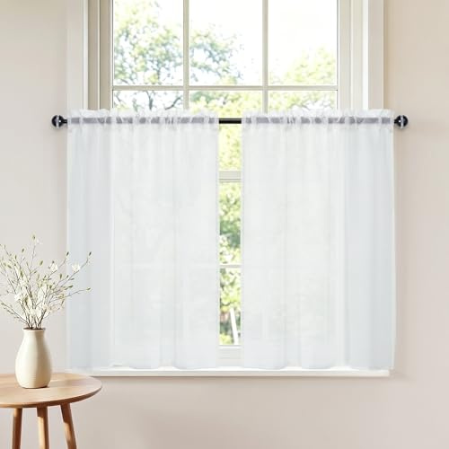 DWCN Weiß Scheibengardinen Fenstervorhang Küchenvorhänge 2er Set B90xH60cm | Kurzgardine Modern Schrank Schienensystem Blickdicht Halbtransparent Landhausstil Dekoration für Wohnzimmer Kinderzimmer