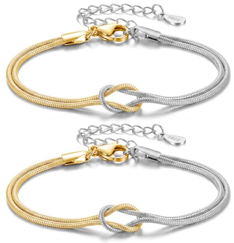J.Fée 2Pcs Knoten Armband Damen Silber 925, Verstellbare Pärchen Armband, Freundschaftsarmbänder, Paar Armbänder Set, Schmuck Damen, Geschenke für Frauen Geburtstag Jahrestag, 2 Stahlgold