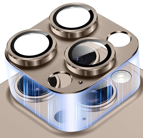 Pnakqil Pellicola Fotocamera per iPhone 16 Pro/16 Pro Max, Copertura Totale 9H Vetro Temperato Anello Cover Obiettivo, Piastra in Metallo Opaco Lente Schermo, Anti-graffio Resistente Camera, Oro