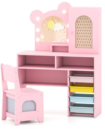 Maxmass Kids Vanity Table and Chair, Children Dressing Table with 3-Color LED Lights Mirror, Fabric Drawer, Storage Bins, Girls Makeup Desk Princess Pretend Dresser for 3+ Years Old (Pink)