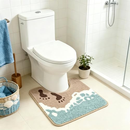 Justup Strand U-förmige Toilettenmatte, 50x55cm Weiche Antirutsch Badematte | Strand-Style-Fußmatte, Saugfähiger Rutschfeste Badematte, Maschinenwaschbar, Teppich für Badezimmer, Toilette, Waschbecken