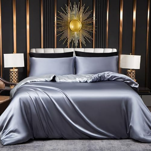 Tospass Housse de Couette 240x260 Adulte Satin Uni Gris Blanc Parure de Lit | Linge de Lit 2 Personnes L'été, Fermeture Éclair, Housse Couette en Satinée, 2 Taie d'oreiller 65x65cm, Certifié Oeko-Tex