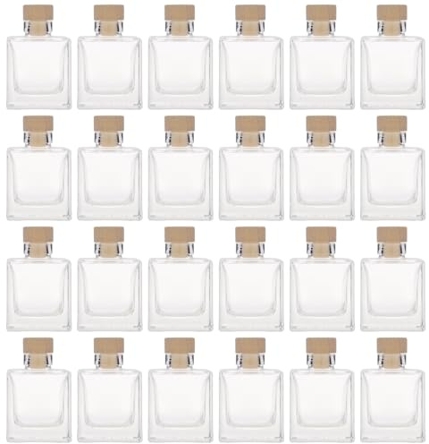 Flaschenland Set di 24 bottiglie di vetro da 100 ml, quadrate, con tappo in sughero in legno