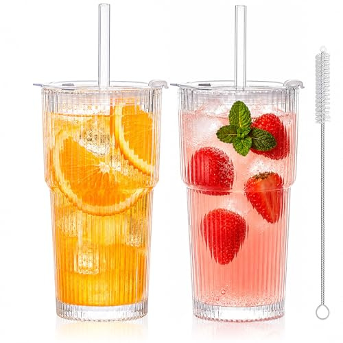 2 Stück 600ml Gerippte Trinkbecher mit Deckel und Strohhalm, Matcha Gläser, Smoothie Becher, Kaffeegläser, Große Glasbecher, Teegläser Set, Coffee To Go Becher, für Latte, Eiskaffee, Macchiato (2)