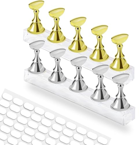 SWYZOR 2 Pièces Support Ongles Capsules Magnétique avec Base Transparente, Présentoir pour Nail Art, Kit Press on Nails avec 200 Autocollants Double Face(Or,Argent)