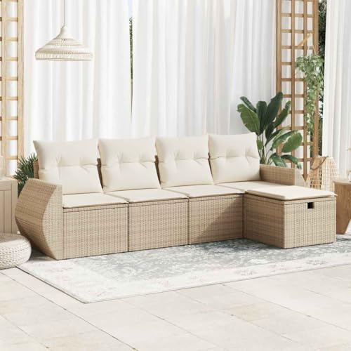 mzdioop 5-TLG. Trädgårdssoffa beige poly rotting med lagringsutrymme och kudde, väderbeständig polyrattan loungeset för terrass balkong veranda, modulär sittgrupp för avkoppling och grillning i