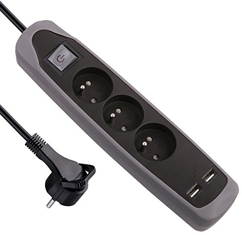 Electraline 35613 Steckdosenleiste mit 3 Steckdosen und 2 USB Decke Silikon Schutz gegen Stöße, grau, 2 m