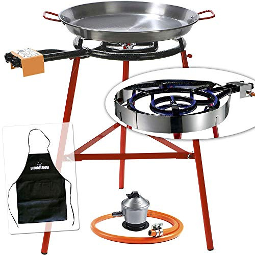 Paella-Set 40 cm Garcima Bricolemar mit Paella-Pfanne 42 cm, verstärkte Halterung, Regler, Gas- und Windschutz Kabra + kostenlose Schürze