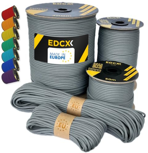 EdcX Paracord 550 Typ III 4 mm – 7 Kern-Strängen, 100% Nylon, reißfest bis 250 kg – 35+ Farben (10/15/30/50/100/300 m) – Survival-Seil, Fallschirmschnur, Zeltleine | Made in EU