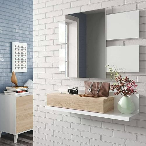 Mueble de Entrada con cajón y Espejo, Color Nogal y Blanco Brillo, Medidas 75 x 90 x 29 cm