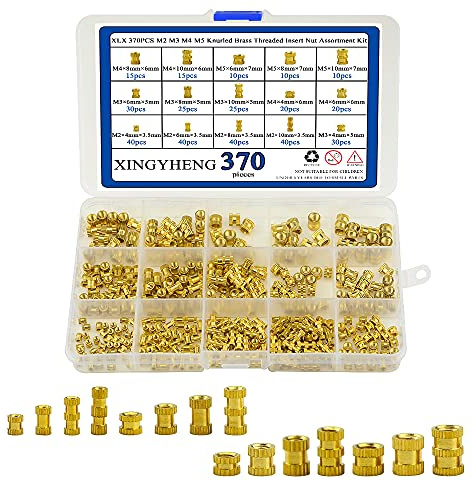 BGTXINGI 370 Stück 15 Werte M2 M3 M4 M5 gerändelte Messing Gewindeeinsatz Mutter geschweißte Gelenke Einbettmutter Sortiment Kit