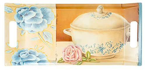 Lashuma Küchentablett 41x19 cm mit Griffen, weiß blaues Melamin Teetablett, Design: Kochtopf