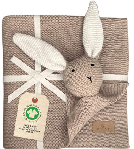 DIKOS® Original Babydecke SCHMUSE-Hase (warmes Taupe) – Premium 2-in-1 Neugeborenen Kuscheldecke & Schmusetuch – aus weicher gestrickter Bio-Baumwolle (GOTs/Oeko-TEX) – schönes Babygeschenk zur Geburt