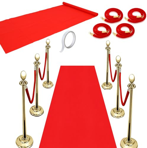 Red Carpet Runner 2.6 x 15 ft Carpet Aisle Runner Rug 55gsm Thickness with 4 Pieces Red Velvet Stanchion Rope Crowd Control Rope Barrier with Gold Color Plated Hooks, 5 Feet