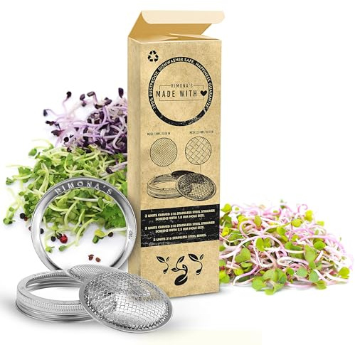 RIMONA'S 316 Sprouting Lids for Wide Mouth Mason Jars with Stainless Steel Curved Mesh Strainers - 9 pack (3 lid rings, 3 strainers of 1mm size, 3 strainers of 2.5mm size)