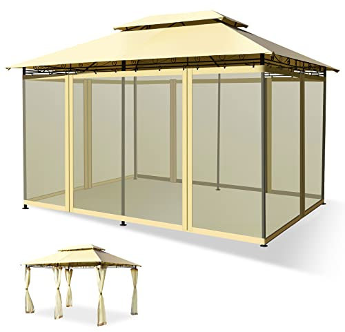 GOPLUS 3,9x2,9M Tonnelle de Reception,Chapiteau de Jardin avec Double Toit avec Moustiquaire Détachable et Armature Robuste, Gazebo pour Jardins pour Mariages, Barbecues, Pique-niques, Fêtes (Beige)