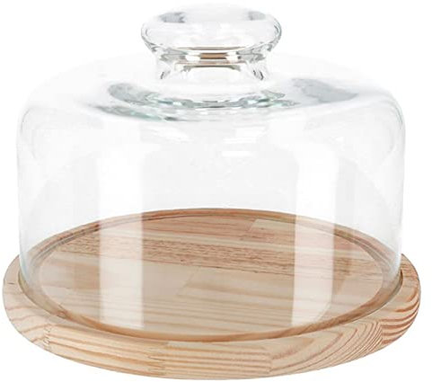 Tradineur Cloche à fromage ronde avec base en bois et couvercle en verre, récipient à fromages ou charcuterie, présentation alimentaire, 19,3 x 9 cm