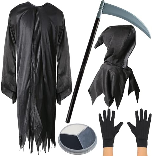 Costume da Tristo Mietitore per bambini, XL, mantello nero con cappuccio, falce di plastica, guanti neri e facepaint – Costume per Halloween per bambini