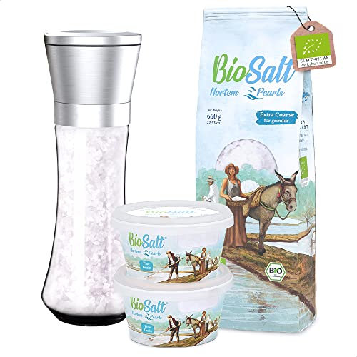 BioSalt Nortem Pearls Sel de Mer Vierge Biologique 2x200 g en Pot (Fin et Gros) + 650 g en Sachet (Très Gros) + Moulin. Sel Gourmet 100% Naturel. Riche en minéraux. Non Raffiné, sans Conservateurs.
