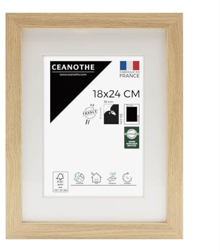 Ceanothe Cadre Photo 18x24 cm en Bois FSC Brut Passe-Partout 13x18 cm - Convient au A5 Design Effet Caisse Collection Milan Verre Acrylique Incassable Recyclé Fabriqué en France