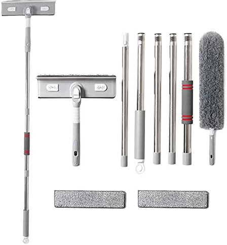 Window Squeegee/Feather Duster 2 in 1 Window Cleaning Equipment With Extension Poles,Window Cleaning Kit for Windows/Shower Glass/, Bendable Long Feather Duster for Cleaning High Ceiling/Furniture