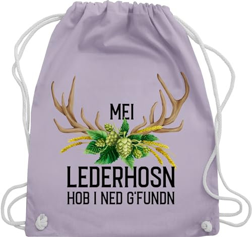 Turnbeutel Rucksack - Kompatibel mit Oktoberfest Tasche - Mei Lederhosn hob i ned g'fundn - Hirschgeweih Weizen und Hopfen - Unisize - Pastell Lila - trachtenrucksack bayrische trainingsbeutel