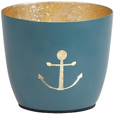 Maritimes Windlicht Baltic – Metall mit Motiv – Anker, DKL.blau, Gold | 10 x 10 x 8,5 cm – für Teelichter & Stumpenkerzen – Haus, Garten, Balkon, Terrasse – Licht- & Schattenspiele – Seaside No.64