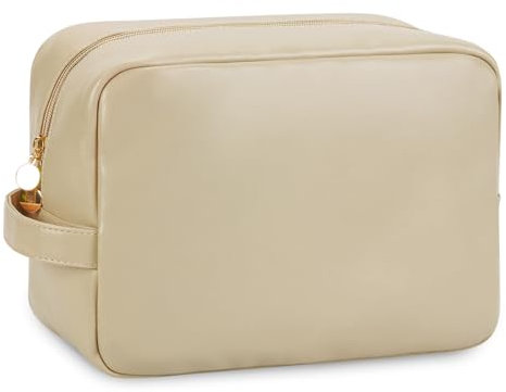 Wandering Nature Kosmetiktasche Groß Kulturtasche Damen Reise Schminktasche mit Henkel Make Up Tasche Organizer PU Leder mit Reißverschluss, Beige(Patent Angemeldet)