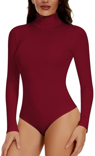 Joyshaper Mujer Body Manga Larga Cuello Alto Blusa Top Color Sólido Bodysuit Top Tanga Mono Casual Camiseta Interior, Cuello Alto-Rojo Vino, S