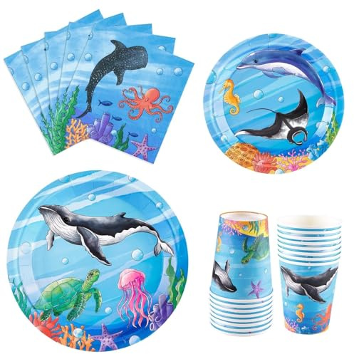 WERNNSAI Decorazioni per feste sotto il mare, 64 pezzi, decorazioni di compleanno a forma di animali dell'oceano, per bambini, piatti estivi, bicchieri, tovaglioli, set da tavola per 16 ospiti, blu
