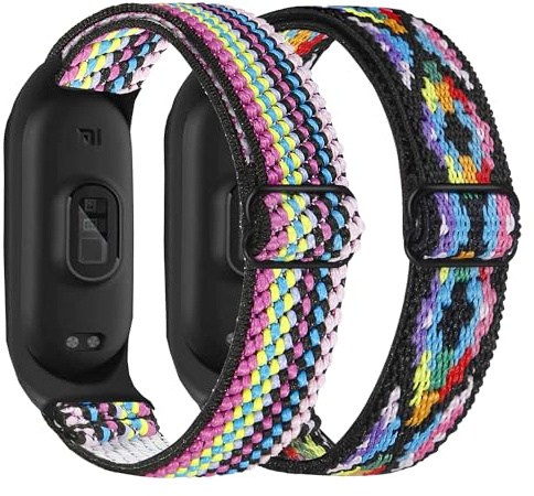 HUYIIO 2-pack justerbara remmar kompatibla med Xiaomi Mi Band 7/Mi Band 6/Mi Band 5 remmar, mjukt andningsbart sportband i nylon för kvinnor män, Ingen ädelsten