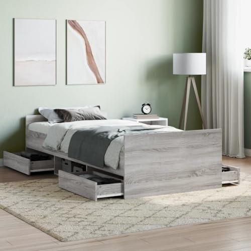 DJEKA Bett 90x200 mit schubladen Kinderbett 90x200 Jugendbett 90x200 Einzelbett mit 4 Schubkästen Bett mit stauraum Stauraumbett 90x200 mit Kopf- und Fußteil-Grau Sonoma-90 x 200 cm