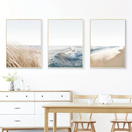 Herfair 3er Poster Set Wandbilder Meer Bilder Wohnzimmer, Bilder Leinwand Kunstposter, Bilder Deko Schlafzimmer Wohnzimmer Beige Blau, Ohne Rahmen (40x50cm)