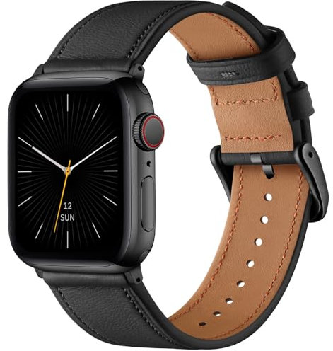 Oielai Lederarmband Kompatibel mit Apple Watch Armband 49mm 46mm 45mm 44mm 42mm, Weiches Echtes Lederband für Apple Watch Series 11 10 9 8 7 6 5 4 3 2 1, SE 3 2 1, Ultra 3 2 1 Herren Damen, Schwarz