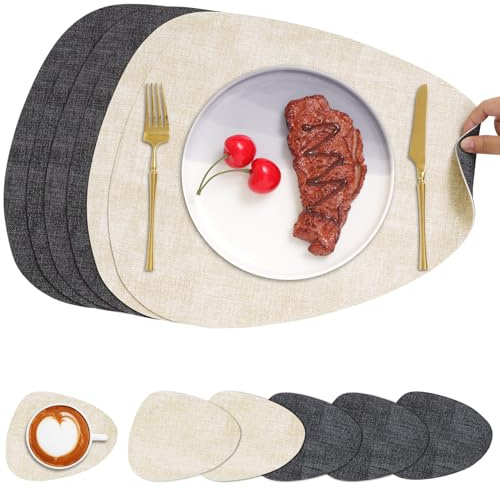 Chitomars Tischsets Leder und Untersetzer, Platzset Rund doppelseitig | Tischsets abwaschbar rutschfest Platzsets Lederoptik Platzdeckchen Teller Untersetzer (Grau Cremeweiß, 6er Set)