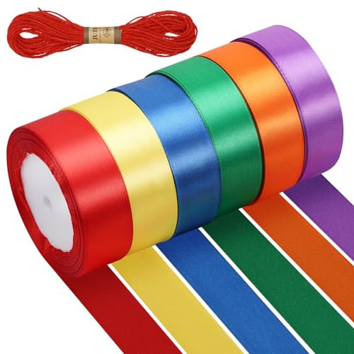 Zocipro 6 Farben Schleifenband 22m X 25mm, Bänder zum Basteln, Geschenkband Stoff Satinband mit 10m Hanfseil, Bunte Bände zum Basteln,Satinbänder Bunt für DIY Geschenkschleifen Hochzeits Maibaum Deko
