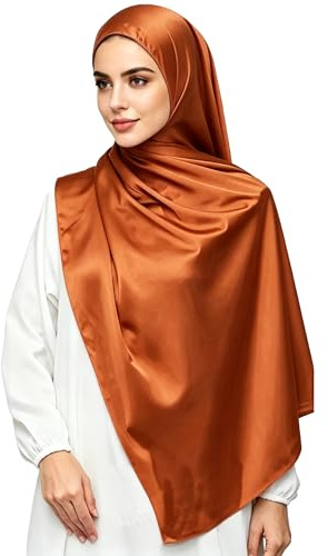 Lina & Lily Lyxig satäng hijab huvudscarf sjal för muslimska kvinnor extra lång, Rost, en storlek