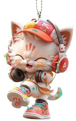 Teksome Ornement de chat en acrylique – Accessoires de rétroviseur auto chat portant des écouteu | Pendentif animal en acrylique 2D pour voiture, sac, sac à dos, décoration d'arbre