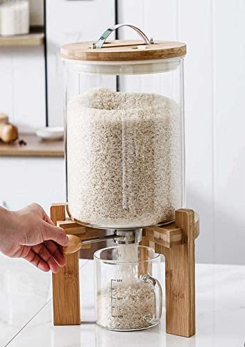 ZGFOZJGC Distributeur de Riz et récipient à céréales, récipient à Farine et céréales avec Couvercle hermétique et Support en Bois, récipient de Conservation des Aliments en Verre pour l'organisation