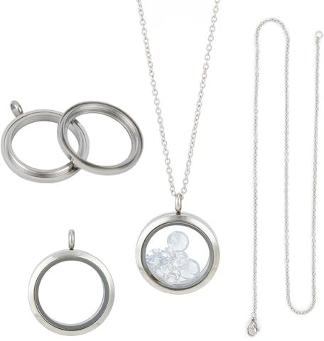 DELORIGIN 4-teilige Foto Medaillon Halskette - Silbrige Runde Edelstahl Medaillon Anhänger Rahmen Memory Medaillon Charm mit 45cm Kette für Hochzeit Schmuck Making Foto
