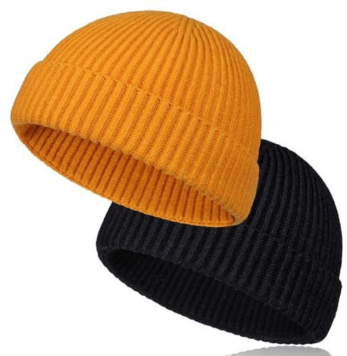 TSKNOMO Kurze Fischermütze aus Wolle für Herren, weiche Strickmanschette, Trawler Beanie-Mützen, warme Wintermützen für Damen, 2 Stück