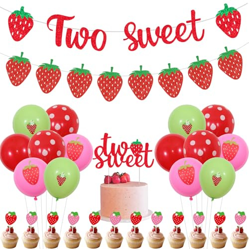 Funmemoir Decoraciones de segundo cumpleaños para niña, diseño de fresa, dos pancartas dulces, guirnalda de fresas, decoración de pastel de fresa, decoración de cupcakes para temática de fresa, dos