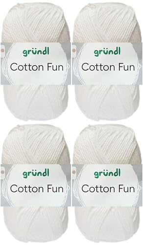 4x50 Gramm Gründl Cotton Fun Häkelgarn aus 100% Baumwolle inkl. Anleitung für Einkaufsnetz (01 Weiss)