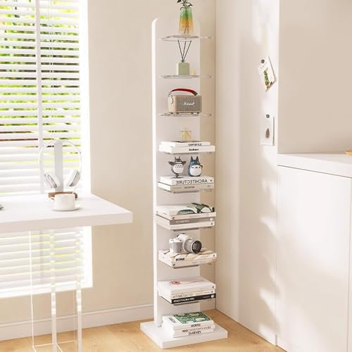 HARELA Vertikales Bücherregal Mit 9 Ebenen, Bücherregal Aus Massivem Holz Mit Acrylregal, Bücherturm Freistehend Ecke Regal, Für Kleinen Raum, Wohnzimmer, Büro(White)